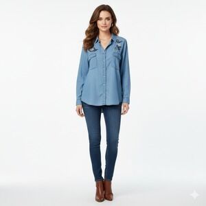 Alexander Jordan Shirt Womens 3X Blue‎ Chambray Denim Embroidered Rose Blouse